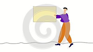 Cartoon man character animation. A man carries a blank banner. Template for 4k video looped