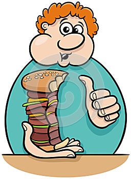 cartoon man character eating a big cheeseburger