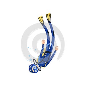 Cartoon man character engaged in scuba diving in sea. Diver