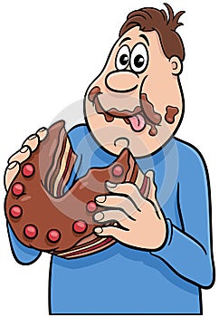 Cartoon man character gorging on a delicious cake
