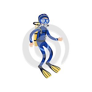 Cartoon man character in special diving costume, mask, flippers and equipment for breathing gas. Snorkeling concept