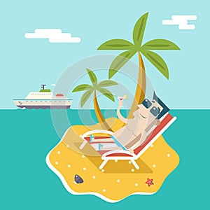 Cartoon Man Character Summer Travel Vacation Sea Island Mobile Ocean Sky Background Modern Flat Design Vector