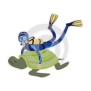 Cartoon man character swimming with giant exotic tortoise in tropical waters. Diver in wetsuit, mask, flippers and