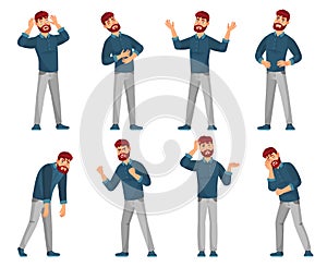 Cartoon man character. Thinking male, smiling happy men and sad man in casual clothes vector illustration set photo