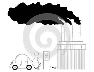 Cartoon of Man Charging Electric Car by Power From Coal power Plant