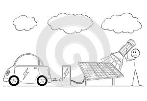 Cartoon of Man Charging Electric Car by Power From Solar Power Plant During Overcast.