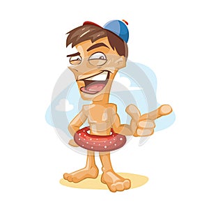 Cartoon man with circle for swimming standing and pointing