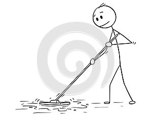 Cartoon of Man Cleaning Floor With Mop