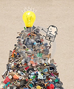 Cartoon Man Climbing up a big Pile of Garbage Happy to see a light