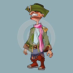 Cartoon man in a cocked hat and pirate clothes with a pink scarf