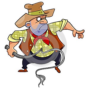 Cartoon man in a cowboy hat brandishing a whip