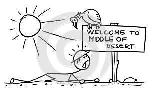 Cartoon of Man Crawling in the Desert Found a Sign