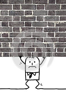 Cartoon man crushed and standing under a wall