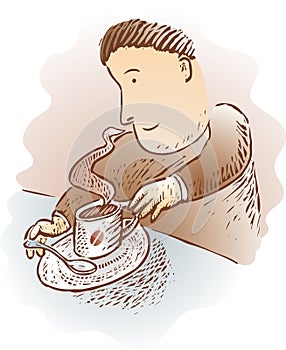 Cartoon man with cup of coffee