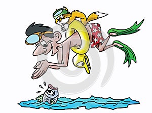 Cartoon man diving into water with his goggles on his head and his cat on his back vector