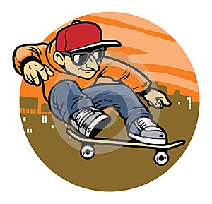 Cartoon man doing skateboard jump trick