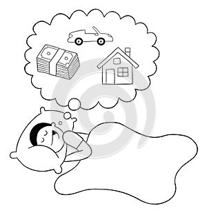 Cartoon man dreams of money, house and luxury car while sleeping, vector illustration