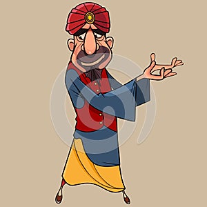 Cartoon man dressed as a fairy sultan shows with his hands to one side