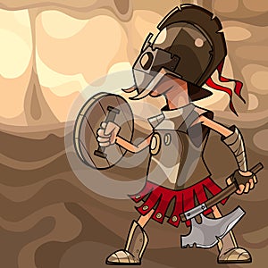 Cartoon man dressed as a medieval warrior with an axe and a shield