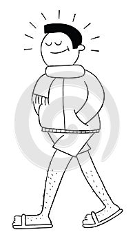 Cartoon man dressed in interesting outfit, coat, under shorts and slippers, vector illustration