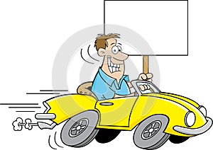 Cartoon man driving a car and holding a sign.