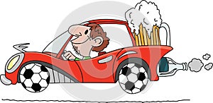 Cartoon man driving a car with wheels made of soccer balls and carrying a big glass of beer behind vector