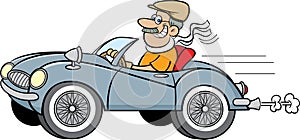 Cartoon man driving a sports car.