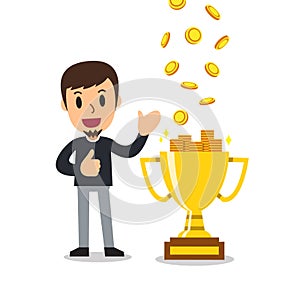 Cartoon man earning money with trophy