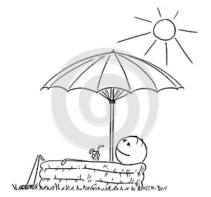Cartoon of Man Enjoying in Inflatable Pool Under Umbrella With Drink in Hand