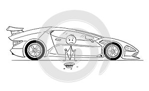 Cartoon of Man, Expensive Sport Car Owner, Sitting and Begging for Gas Money