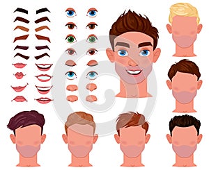 Cartoon man face constructor, male character creator. Male face generator with eyes, brows, lips and noses vector