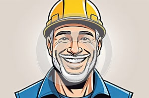 A cartoon man with facial hair is wearing a helmet and smiling