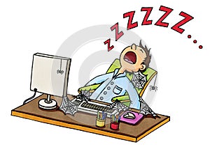 Cartoon of a man fallen asleep in front of the computer