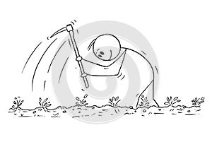 Cartoon of Man or Farmer Enjoying Working Hard With Hoe on the Field