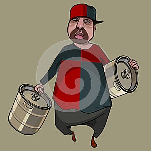 Cartoon man fat man dragging two big metal kegs