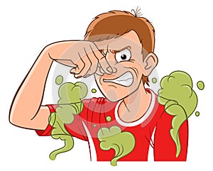 Cartoon man feeling bad smell photo