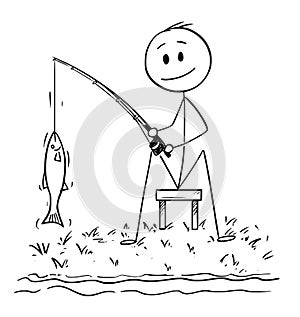 Cartoon of Man or Fisherman Fishing on the River or Lake Shore Catching a Fish