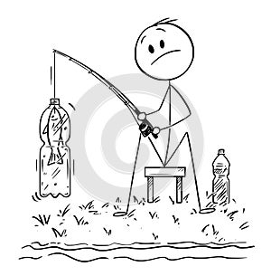 Cartoon of Man or Fisherman Fishing on the River or Lake Shore Catching a Fish in Plastic Bottle