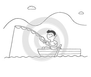 Cartoon man fishing with hook in boat, lake or sea, vector illustration