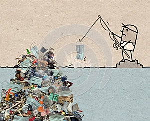 Cartoon man fishing over a big pile of garbage, with disposable Covid Masks