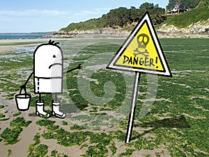 Cartoon Man on a French Beach Polluted by Green Seaweeds