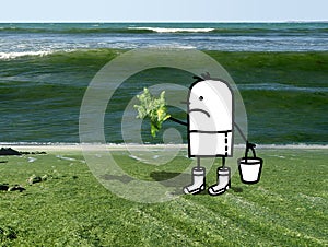 Cartoon Man on a French Coast Polluted by Green Seaweeds