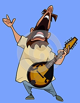 Cartoon man funny singing with dombra in his hands