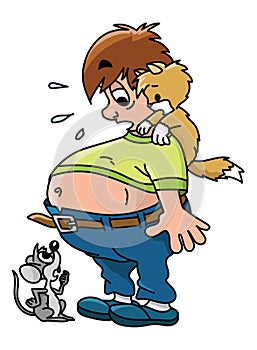 Cartoon man gained too much weight looking at his tummy with his pet friends vector photo