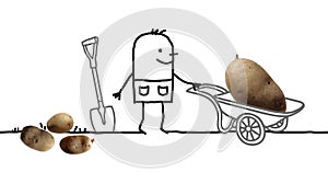 Cartoon Man in Garden and Big Potato in Wheelbarrow