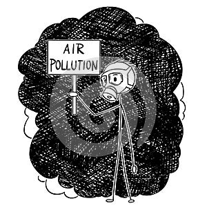 Cartoon of Man With Gas Mask Standing in Smog and Holding Air Pollution Sign