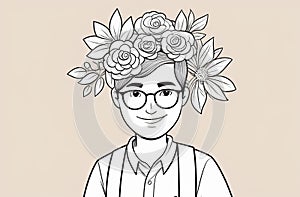 Cartoon man with glasses, smiling and wearing a flower crown on his head