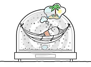 Cartoon Man in a Hammock, Contained in a Snow-Dome, dreaming of an exotic island photo