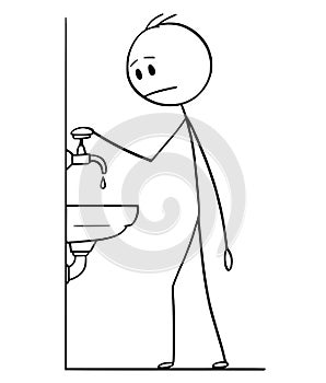 Cartoon of Man With Hand on Faucet or Tap With Water Dripping