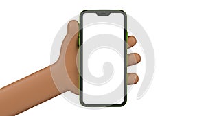 Cartoon man hand holding phone on white background. Cartoon device Mockup